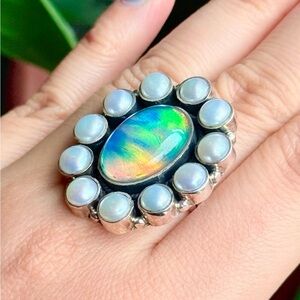 Sterling Silver Opal Pearl Cluster Ring Size 7 Rainbow Fire Cabochon Statement